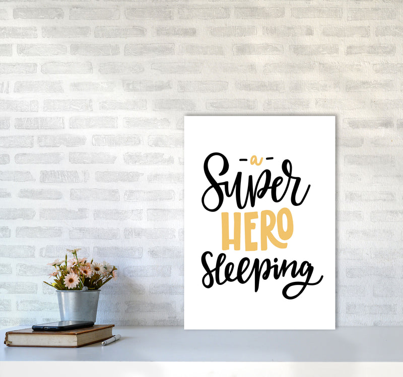 Superhero Sleeping Mustard And Black Framed Nursey Wall Art Print A2 Black Frame