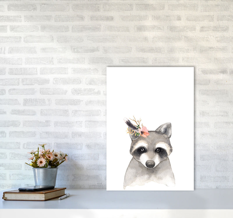 Forest Friends, Floral Cute Raccoon Modern Print Animal Art Print A2 Black Frame