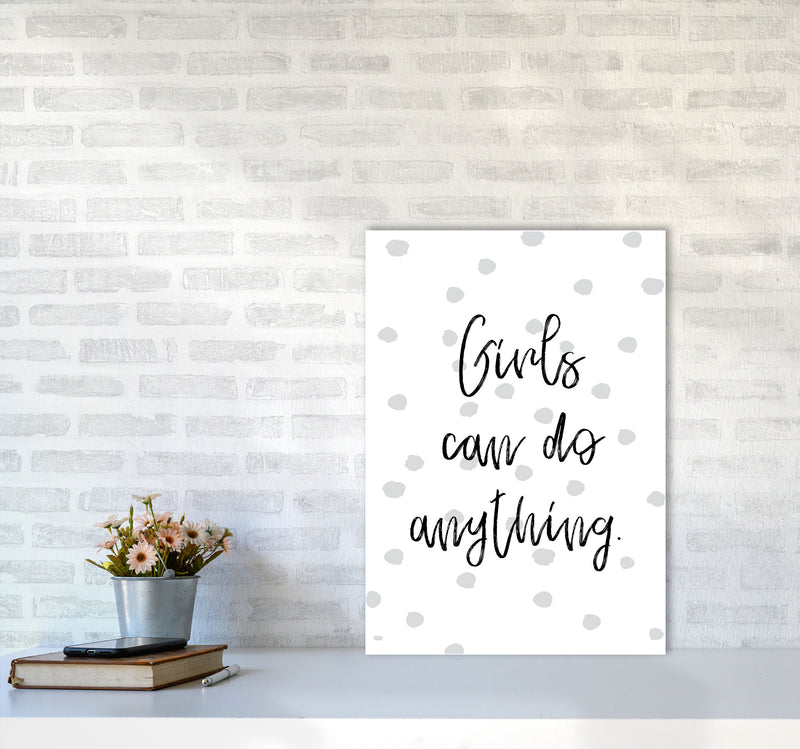 Girls Can Do Anything Grey Polka Dots Framed Typography Wall Art Print A2 Black Frame