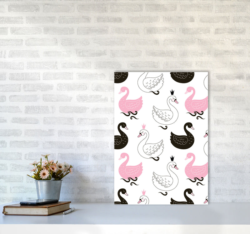 Pink Black And White Swan Pattern Modern Print Animal Art Print A2 Black Frame