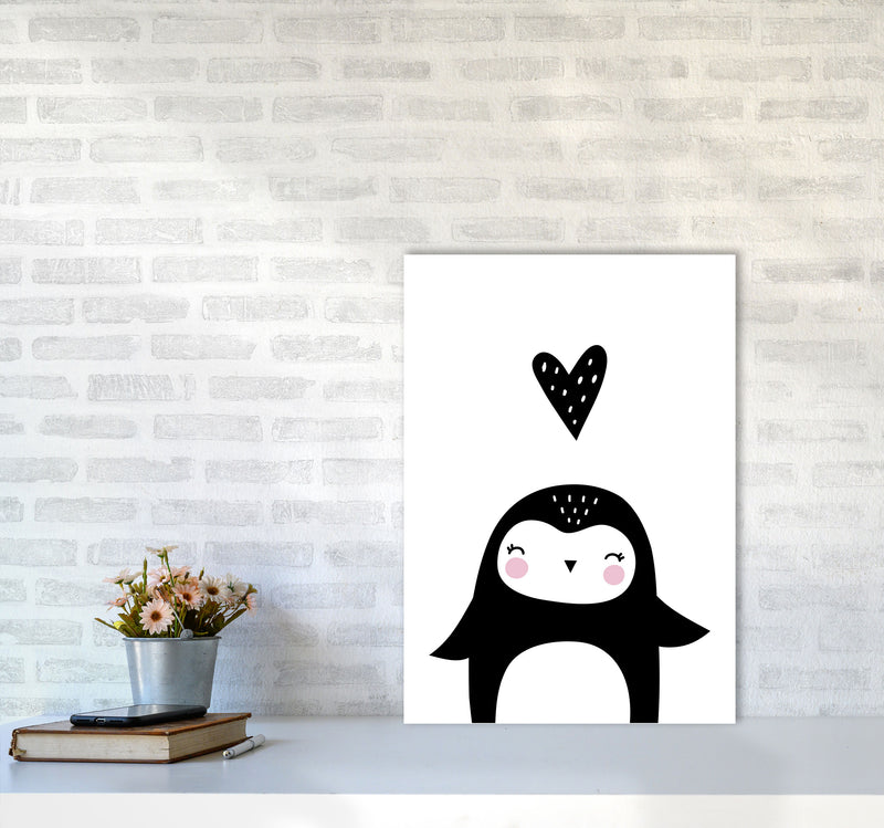 Penguin And Heart Modern Print Animal Art Print A2 Black Frame
