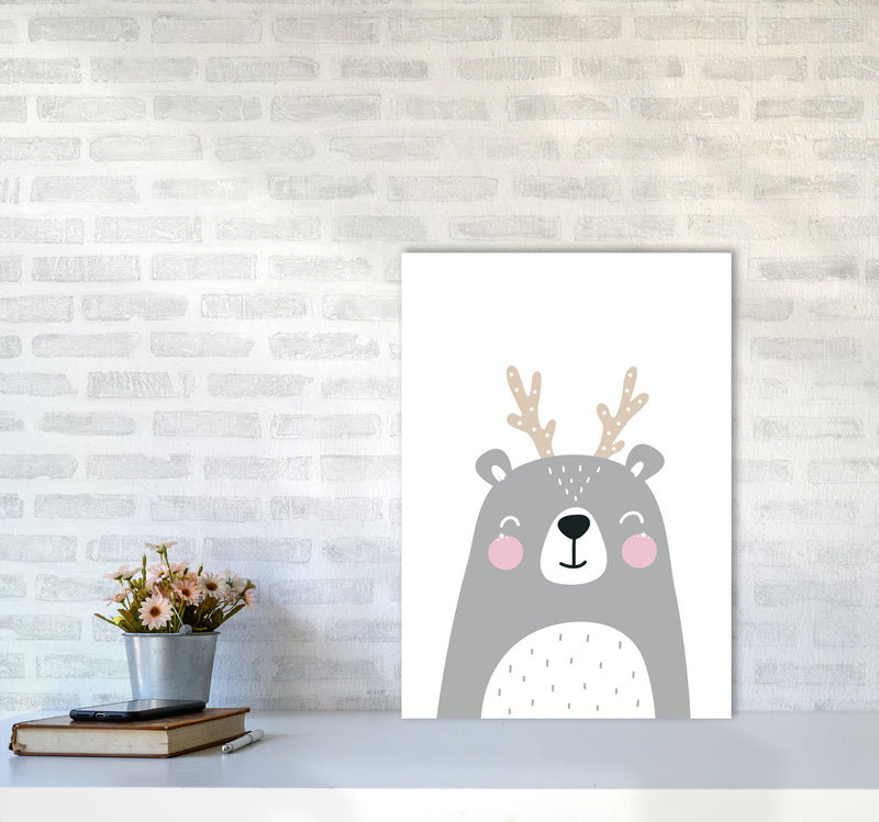 Grey Bear With Antlers Modern Print Animal Art Print A2 Black Frame