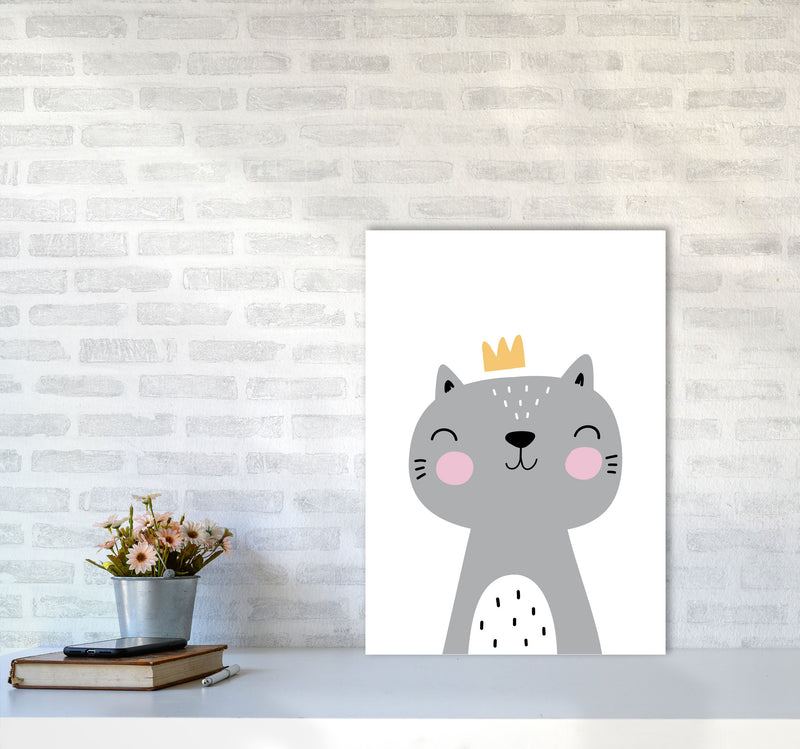 Grey Scandi Cat With Crown Modern Print Animal Art Print A2 Black Frame