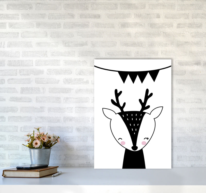 Scandi Black Deer With Banner Framed Nursey Wall Art Print A2 Black Frame
