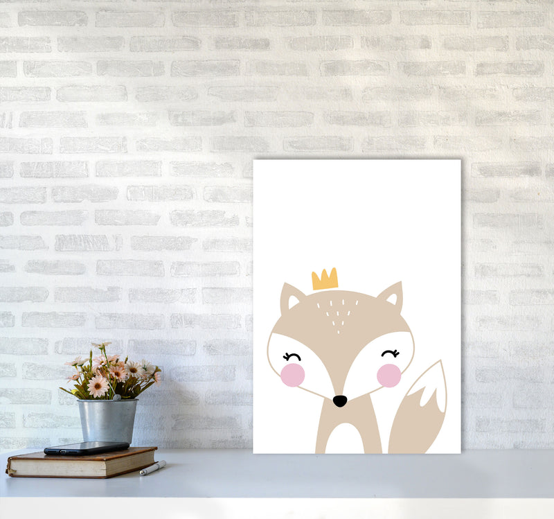 Scandi Beige Fox With Crown Framed Nursey Wall Art Print A2 Black Frame