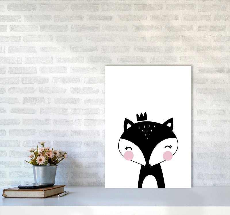 Scandi Black Fox With Crown Framed Nursey Wall Art Print A2 Black Frame