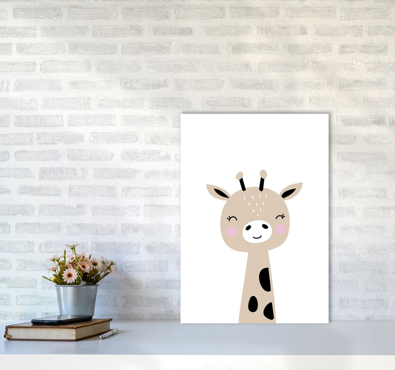 Scandi Brown Giraffe Framed Nursey Wall Art Print A2 Black Frame