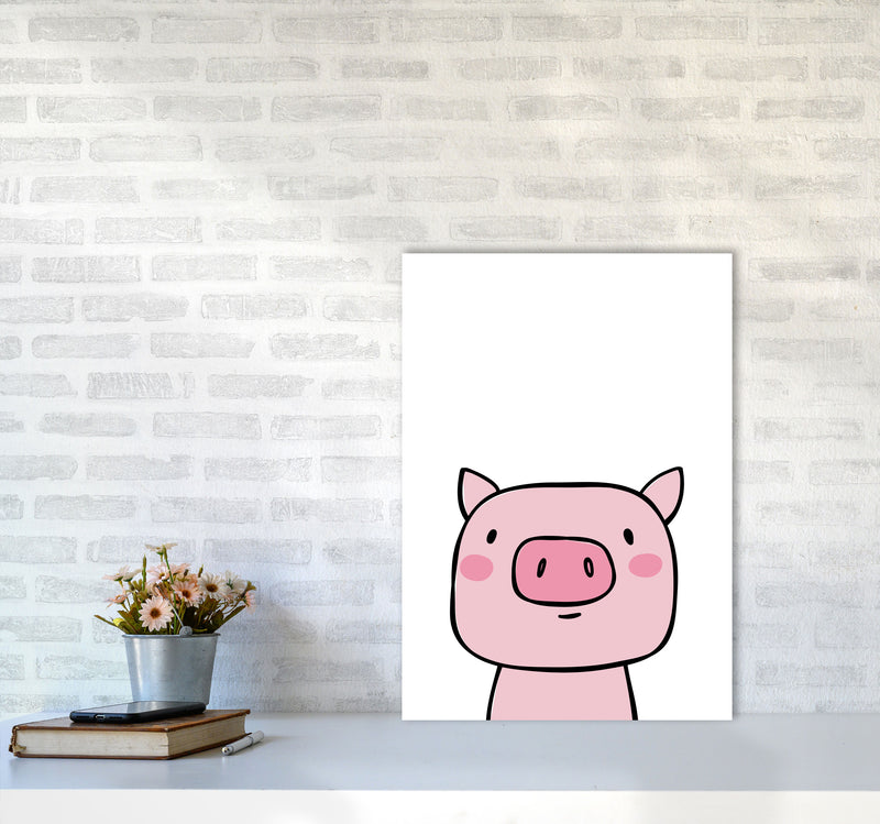 Scandi Pink Pig Framed Nursey Wall Art Print A2 Black Frame