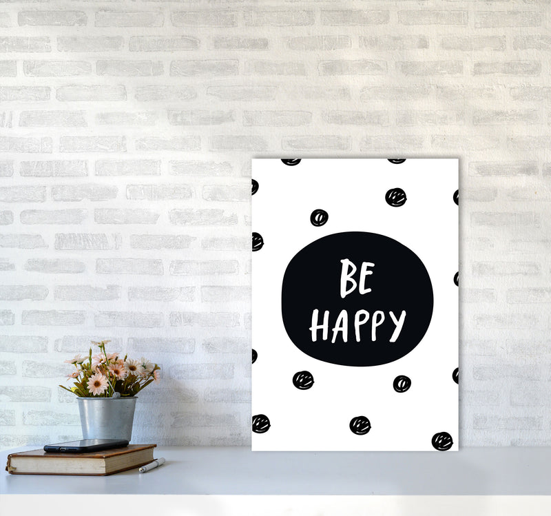 Be Happy Polka Dot Framed Typography Wall Art Print A2 Black Frame