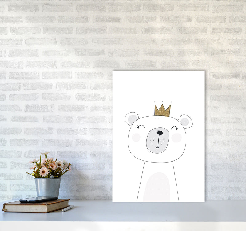 Scandi Cute Bear With Crown Framed Nursey Wall Art Print A2 Black Frame