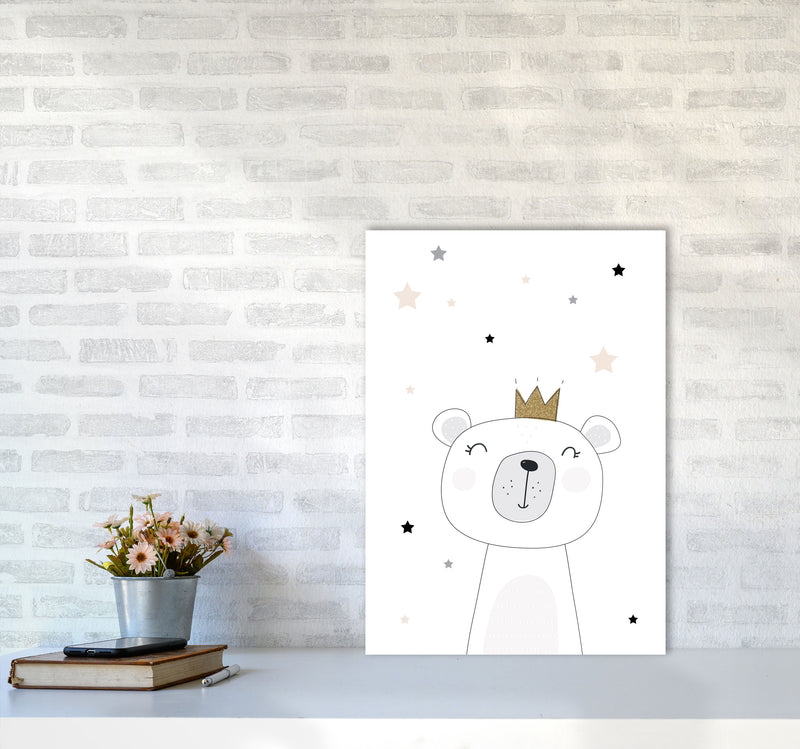 Scandi Cute Bear With Crown And Stars Print, Framed Childrens Wall Art A2 Black Frame