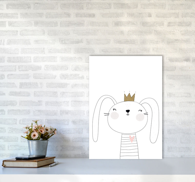 Scandi Cute Bunny With Crown Framed Nursey Wall Art Print A2 Black Frame