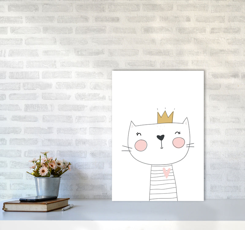Scandi Cute Cat With Crown Framed Nursey Wall Art Print A2 Black Frame