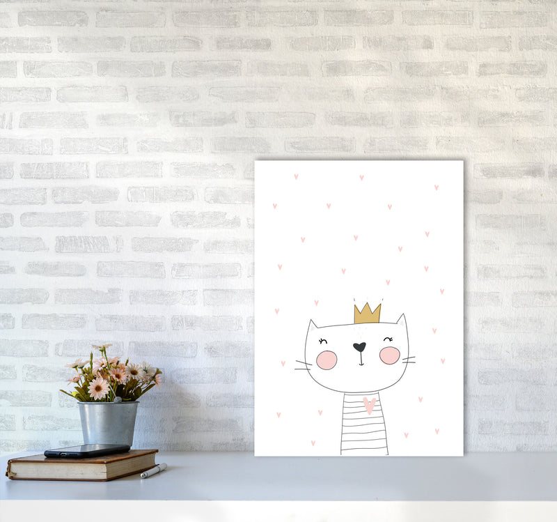 Scandi Cute Cat With Crown And Stars Framed Nursey Wall Art Print A2 Black Frame