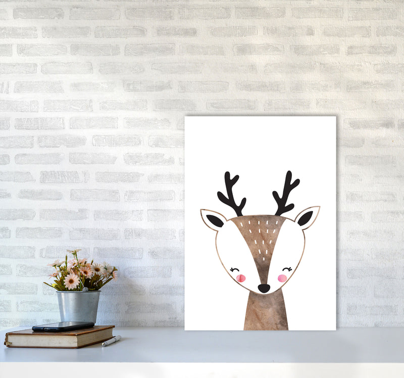 Scandi Brown Deer Watercolour Framed Nursey Wall Art Print A2 Black Frame