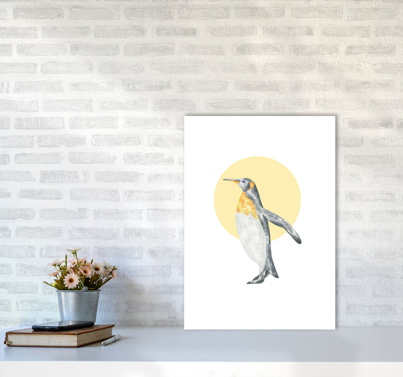Watercolour Penguin With Yellow Circle Modern Print, Animal Art Print A2 Black Frame