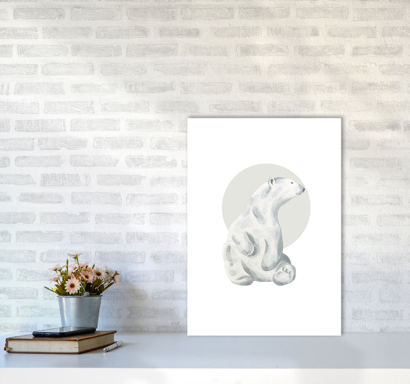 Watercolour Polar Bear With Grey Circle Modern Print, Animal Art Print A2 Black Frame