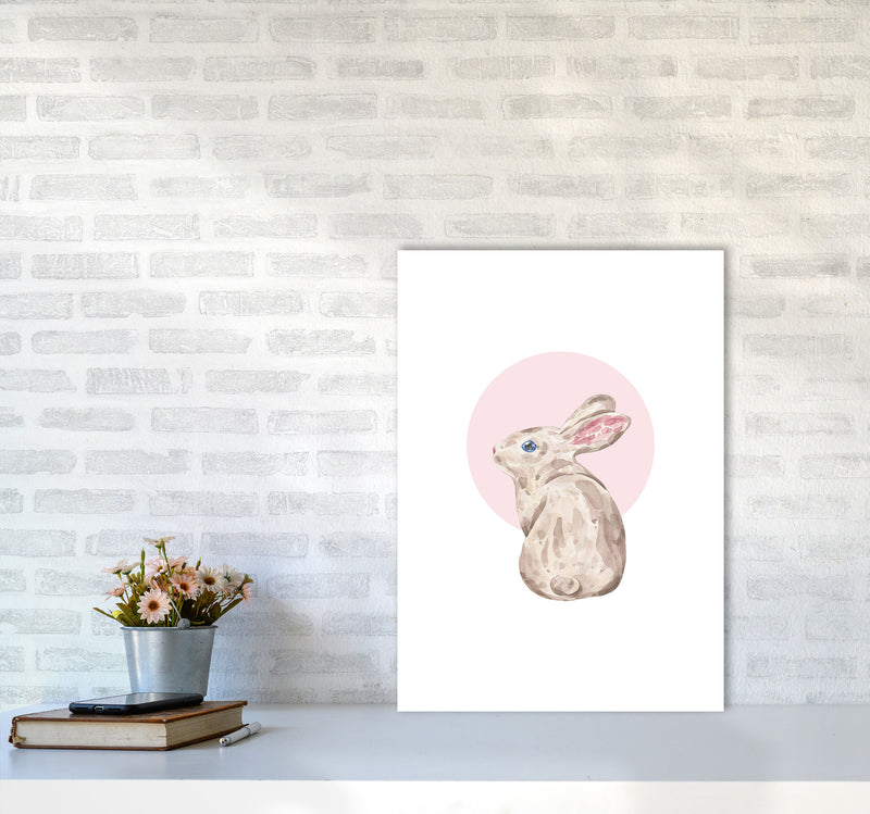 Watercolour Bunny With Pink Circle Modern Print, Animal Art Print A2 Black Frame