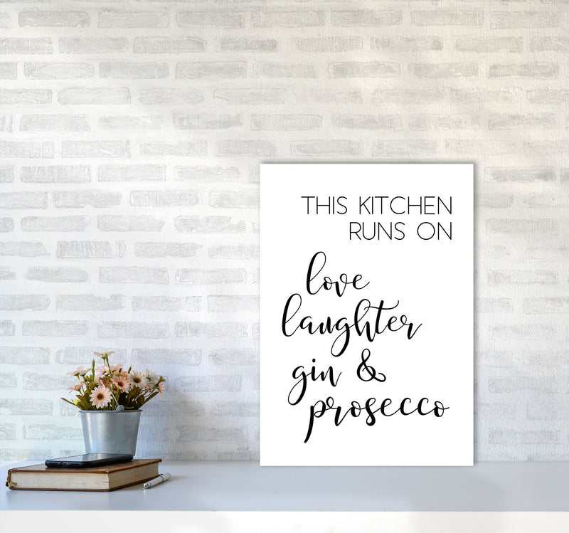 This Kitchen Runs On Love Laughter Gin & Prosecco Print, Framed Kitchen Wall Art A2 Black Frame