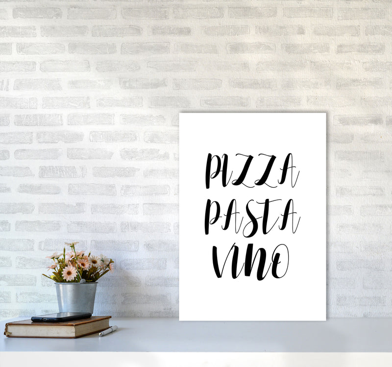 Pizza Pasta Vino Modern Print, Framed Kitchen Wall Art A2 Black Frame