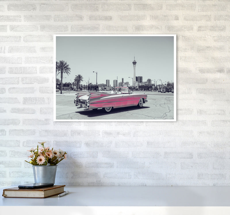 Retro Pink Car Modern Print A2 Black Frame