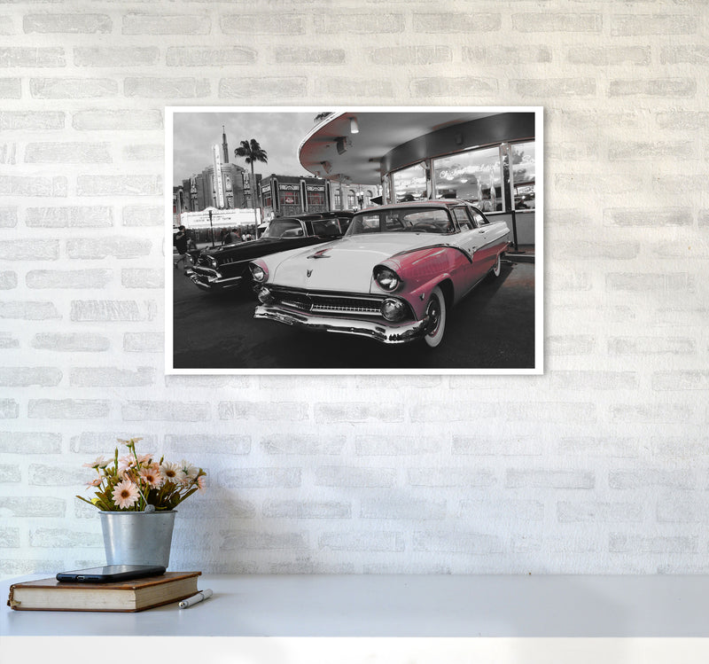 Vintage Pink And White Car Modern Print A2 Black Frame