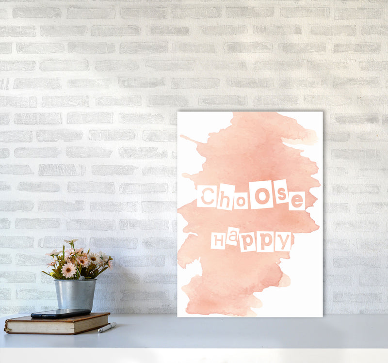 Choose Happy Peach Watercolour Modern Print A2 Black Frame