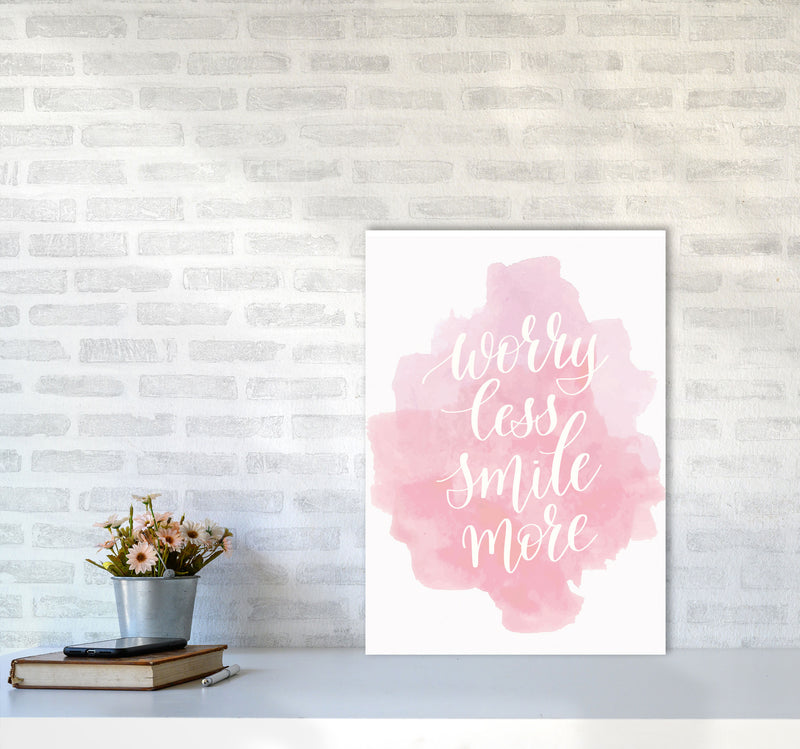 Worry Less Smile More Pink Watercolour Modern Print A2 Black Frame