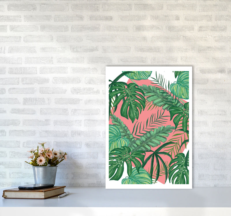 Abstract Leaves With Pink Background Modern Print, Framed Botanical Nature Art A2 Black Frame
