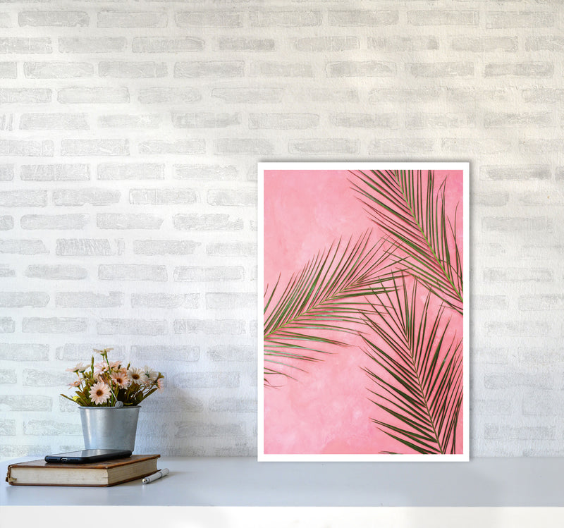 Pink Palm Leaves Modern Print, Framed Botanical & Nature Art Print A2 Black Frame