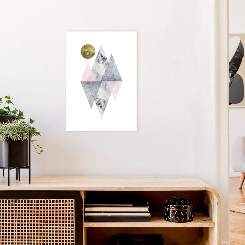 Luna Pink And Grey Diamonds With Gold Moon  Art Print by Pixy Paper A2 Black Frame