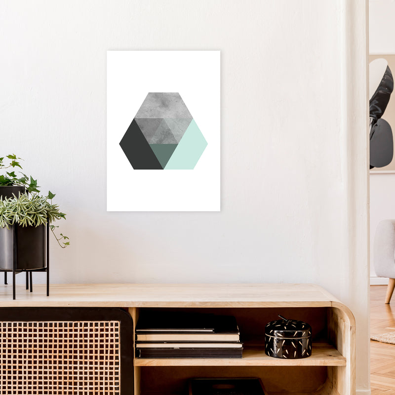 Geometric Mint And Black Hexagon  Art Print by Pixy Paper A2 Black Frame