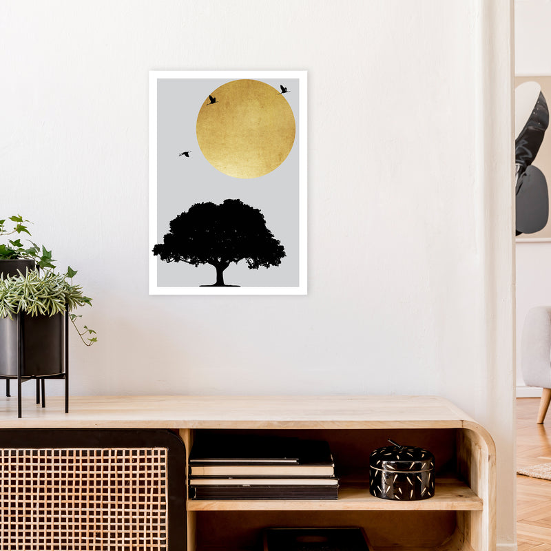 Gold Sun And Tree Abstract  Art Print by Pixy Paper A2 Black Frame