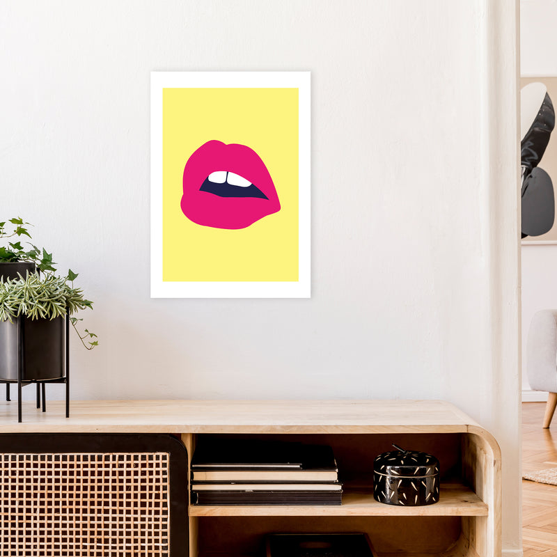 Pink Lips Yellow Back  Art Print by Pixy Paper A2 Black Frame