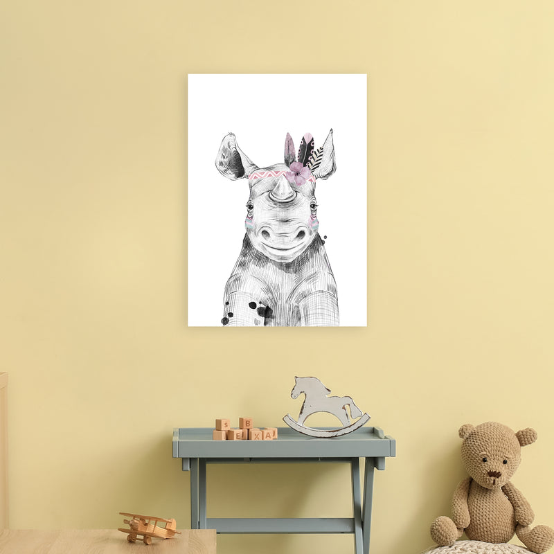 Safari Babies Rhino With Head Feathers  Art Print by Pixy Paper A2 Black Frame