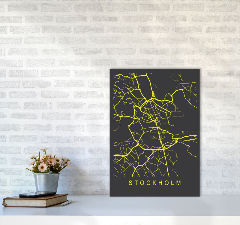 Stockholm Map Neon Art Print by Pixy Paper A2 Black Frame