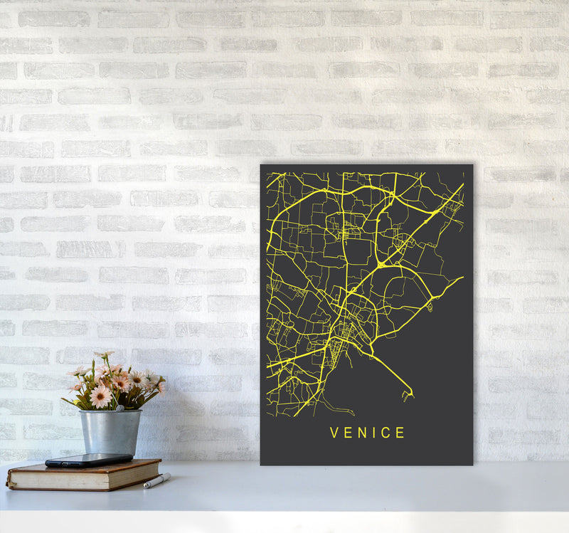 Venice Map Neon Art Print by Pixy Paper A2 Black Frame