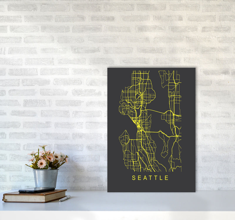 Seattle Map Neon Art Print by Pixy Paper A2 Black Frame