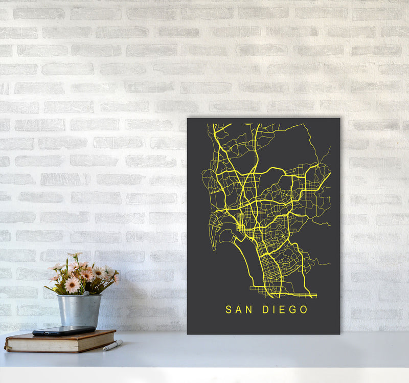 San Diego Map Neon Art Print by Pixy Paper A2 Black Frame