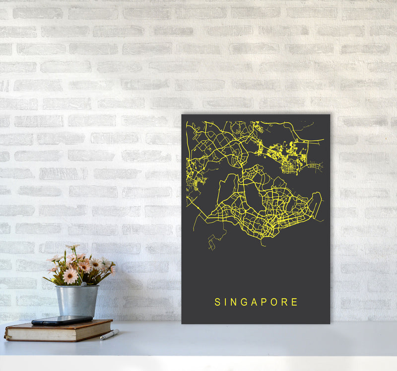 Singapore Map Neon Art Print by Pixy Paper A2 Black Frame