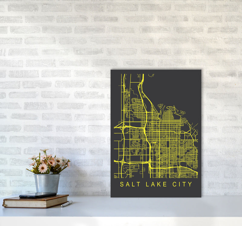 Salt Lake City Map Neon Art Print by Pixy Paper A2 Black Frame