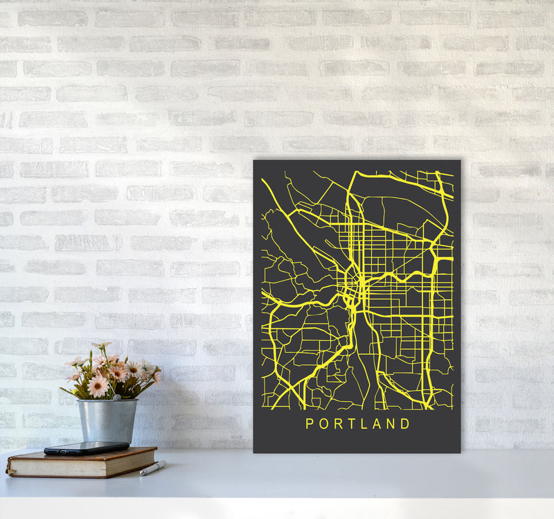 Portland Map Neon Art Print by Pixy Paper A2 Black Frame