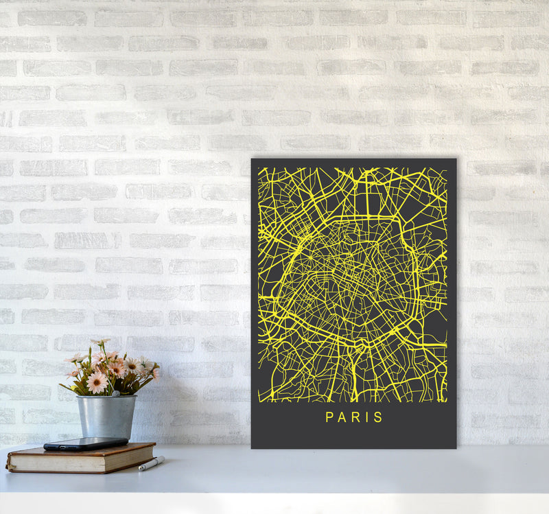 Paris Map Neon Art Print by Pixy Paper A2 Black Frame