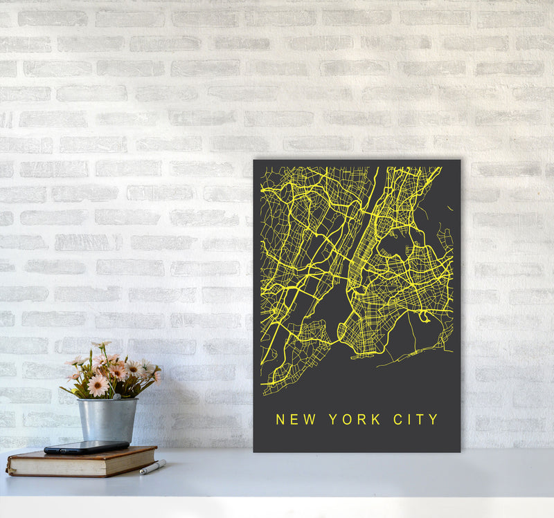 New York City Map Neon Art Print by Pixy Paper A2 Black Frame