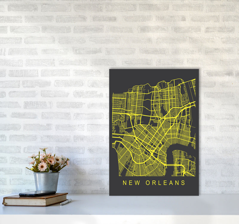 New Orleans Map Neon Art Print by Pixy Paper A2 Black Frame