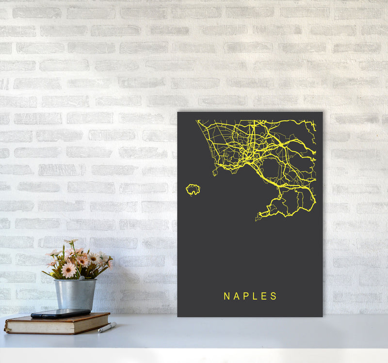 Naples Map Neon Art Print by Pixy Paper A2 Black Frame
