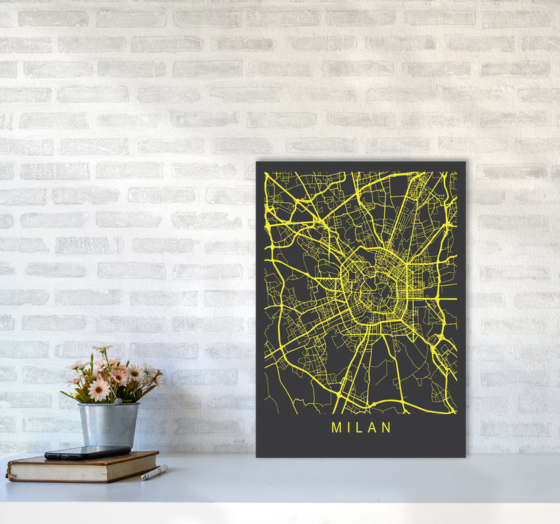 Milan Map Neon Art Print by Pixy Paper A2 Black Frame