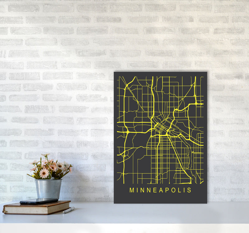 Minneapolis Map Neon Art Print by Pixy Paper A2 Black Frame