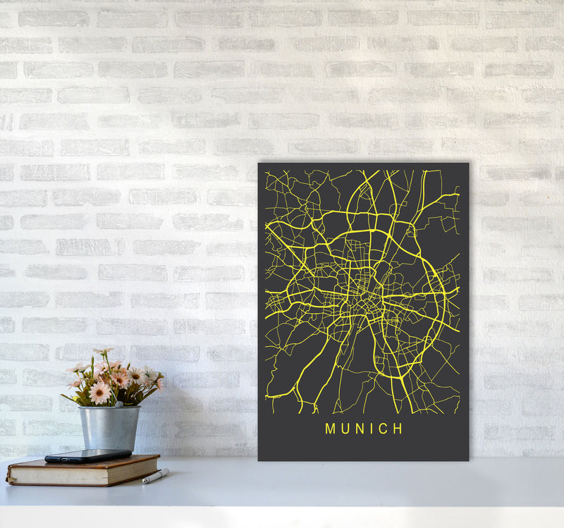 Munich Map Neon Art Print by Pixy Paper A2 Black Frame