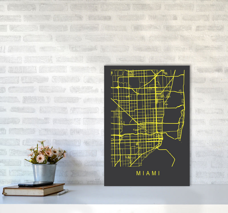 Miami Map Neon Art Print by Pixy Paper A2 Black Frame